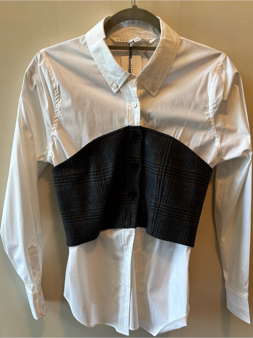 Veronica Beard White Button-Down Shirt with a Gray Glen Plaid Bustier Overlay